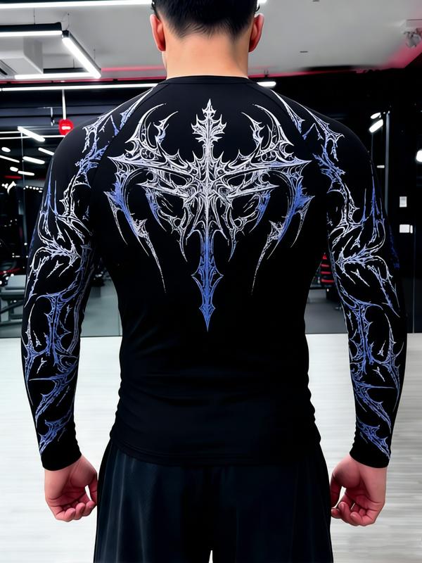 Men's Professional Sports Quick-Dry Fitness Shirt, Gothic Print Long Sleeve, High Elasticity, Round Neck, Moisture-Wicking, Running, Training, Daily Wear