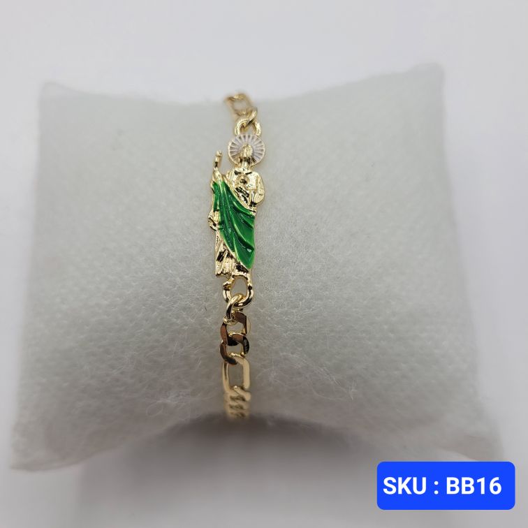 San Jude Bracelet Laminated-Gold Green & Gold Color 6 Inches Adjustable Size for Small Kids Babies Comfortable Everyday Wear Versatile Design SKU BB16