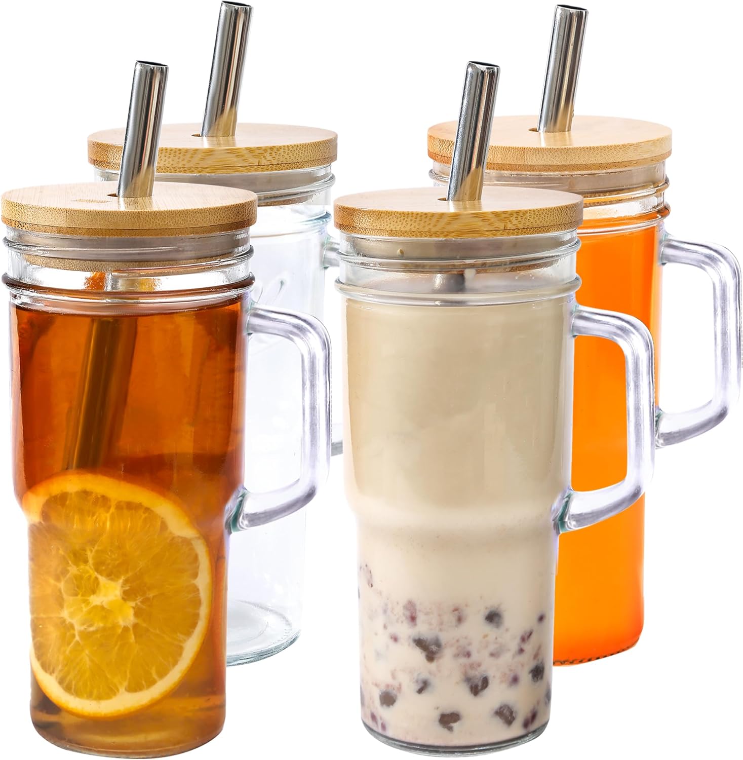 Glass Cups with Bamboo Lids and Straws,24oz Glass Tumbler with Handles,4-Pack Mason Jar with Lids and Straw Wide Mouth, Reusable Smoothies Cups, Iced Coffee Cups, Drinking Jars Travel Mugs Glass Cups with Bamboo Lids and Straws,24oz Glass Tumbler with Handles,4-Pack Mason Jar with Lids and Straw Wide Mouth, Reusable Smoothies Cups, Iced Coffee Cups, Drinking Jars Travel Mugs