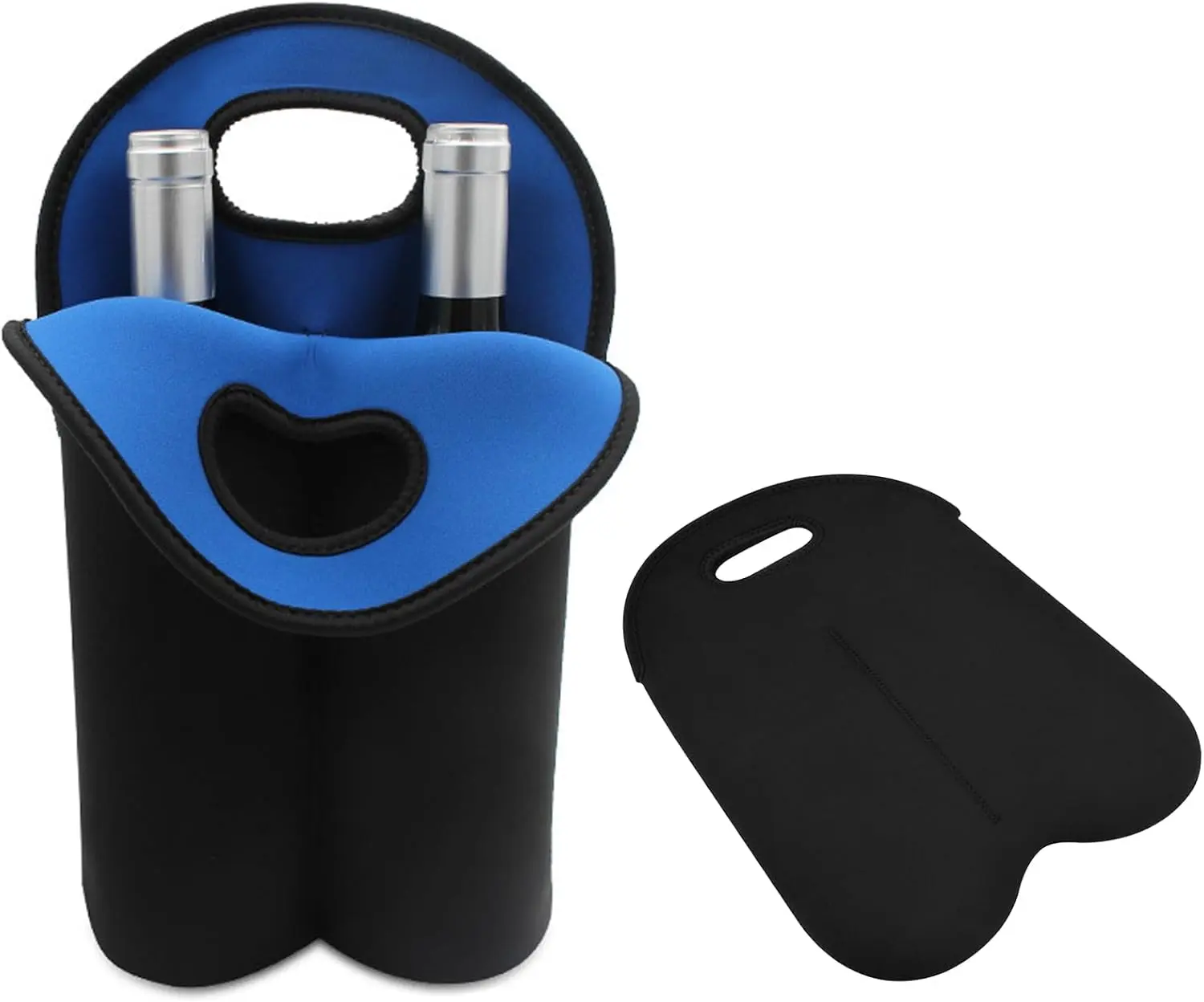 GENERIC 2-Bottle Neoprene Wine Carrier Tote Bag with Integrated Design, Waterproof Insulated 750ml Kitchenware Drinkware Accessory, Reusable Picnic Protector for Wine Bottles, Mugs, Cups (Black&Blue)