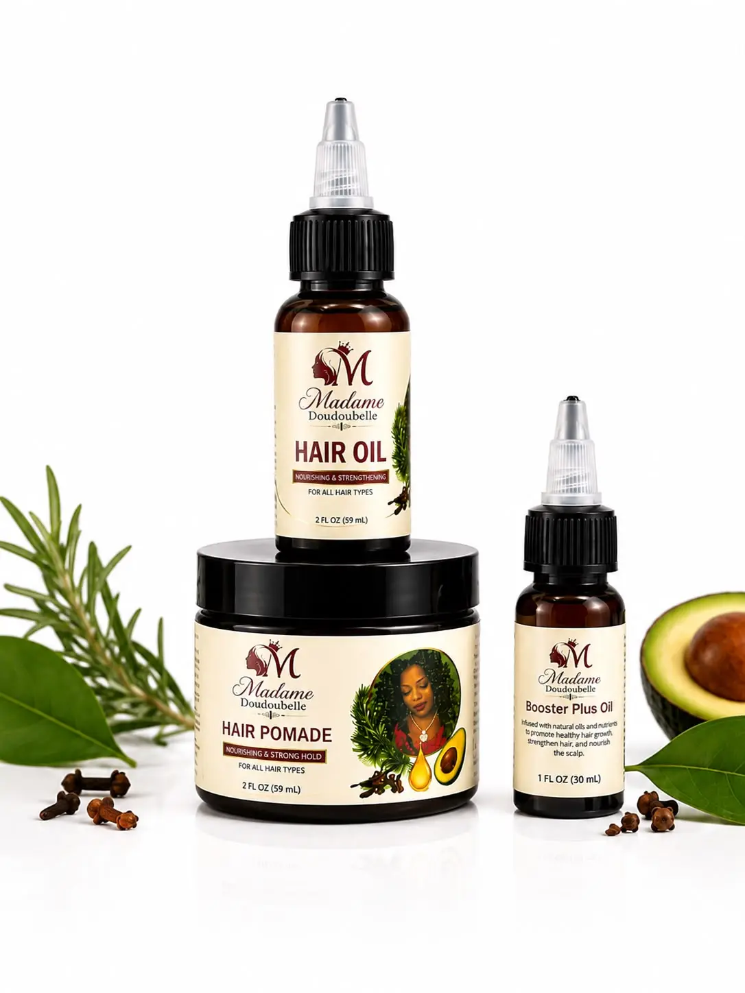 Mme Doudou 2 oz hair oil, 2 oz pomade, 2 oz booster