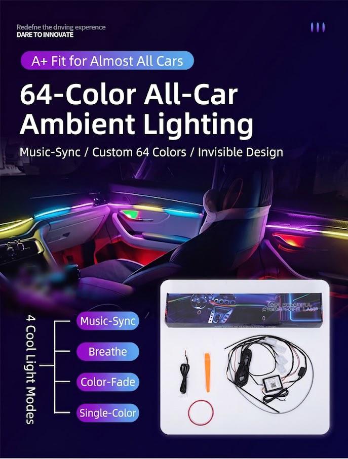 18-in-1 Ultra-Chroma Waterfall Car Ambient Lighting Kit, Professional Dreamcolor RGB Flowing LED Strips ,Dreamcolor Music Sync Interior Glow,App Control RGB Interior LED Lights with Music Sync, Panoramic Dreamcolor Glow for All Cars & SUVs