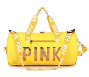 Women's Yellow "PINK" Sequin Duffel Bag, Large Capacity Sports Travel Gym Bag with Printed PINK Straps, Adjustable Shoulder Strap, Perfect for Weekender Overnight Trips