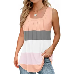 Summer Tank Tops for Women Loose Fit Pleated Square Neck Sleeveless Tops Flowy Blouse Short Sleeve Tops Basic Shirts