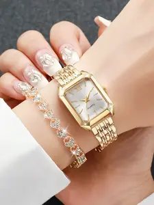 Women's Stainless Steel Watch Set, Elegant Quartz Wristwatch with Bracelet, Elegant Bangle, Perfect for Daily Wear & Parties