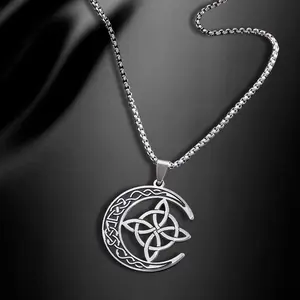 Celtic Knots Necklace, Stainless Steel Celtic Crescent Moon Triquetra Knot Pendant, Box Chain, Celtic Jewelry Gift