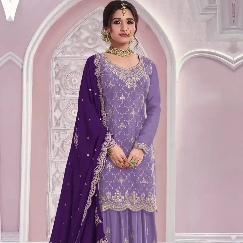 Lavender 48-50 Big Size Chinon Embroidered Sequence Work Salwar Kameez Palazzo Suit