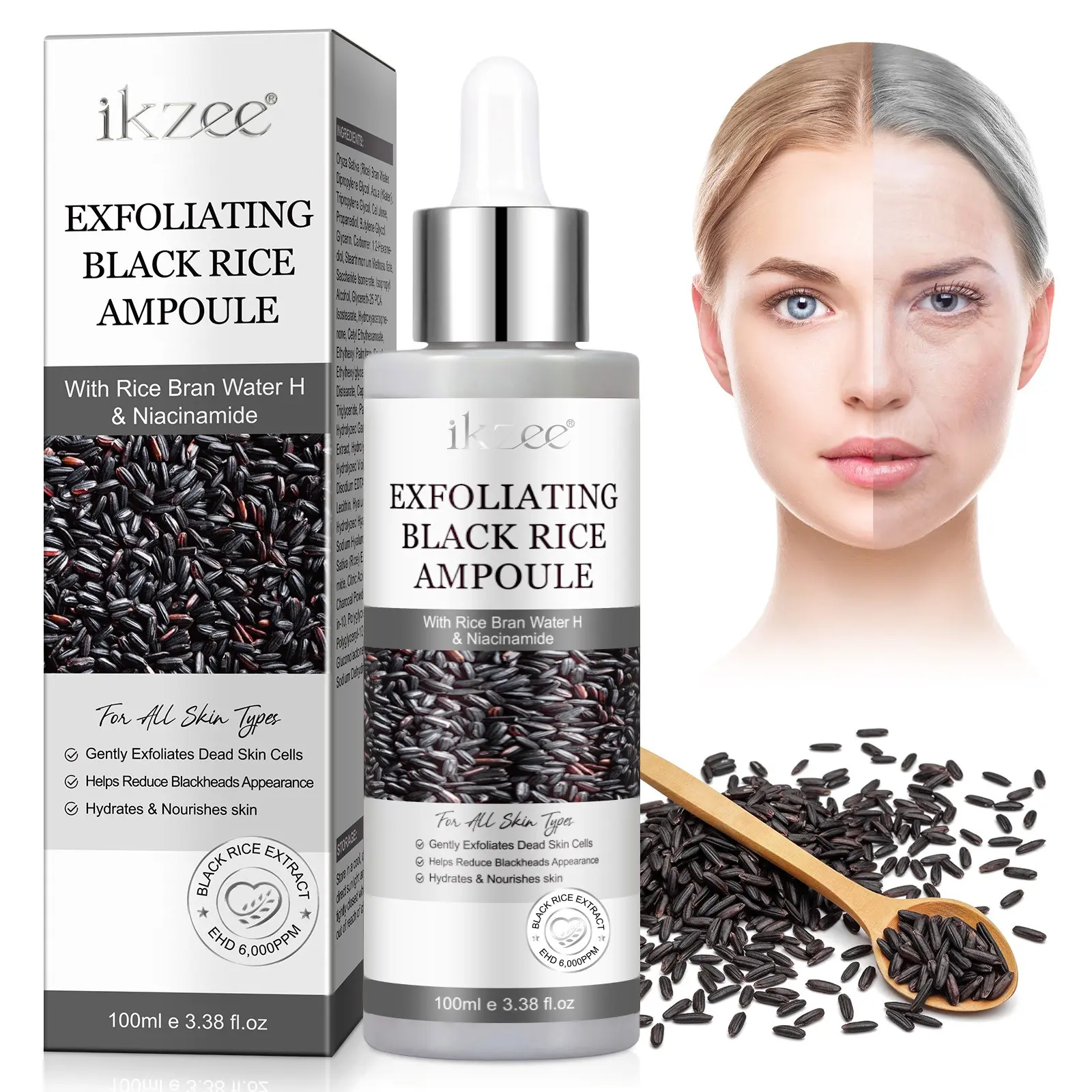 ikzee Black Rice Exfoliating Essence 100ml: Nourishing, formulated with black rice extracts, this formula gently removes dead skin cells without damaging the skin. It deeply cleanses pores of oil and impurities, improves rough and dull skin, and brightens