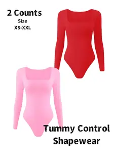 Women's Plain Long Sleeve Crop Shapewear Bodysuit, Thong Design, Square Neck Slimming Tummy Control Fit, Ladies Underwear & Shapewear