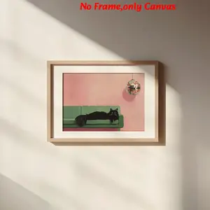 1 pc, wall art, animal poster, black cat on sofa art print, vintage disco ball green chair pink canvas painting, living room decor, bedroom decor aesthetic, Modern Home Decor, Modern Art Design, housewarming gift, gift for cat lovers, unframed