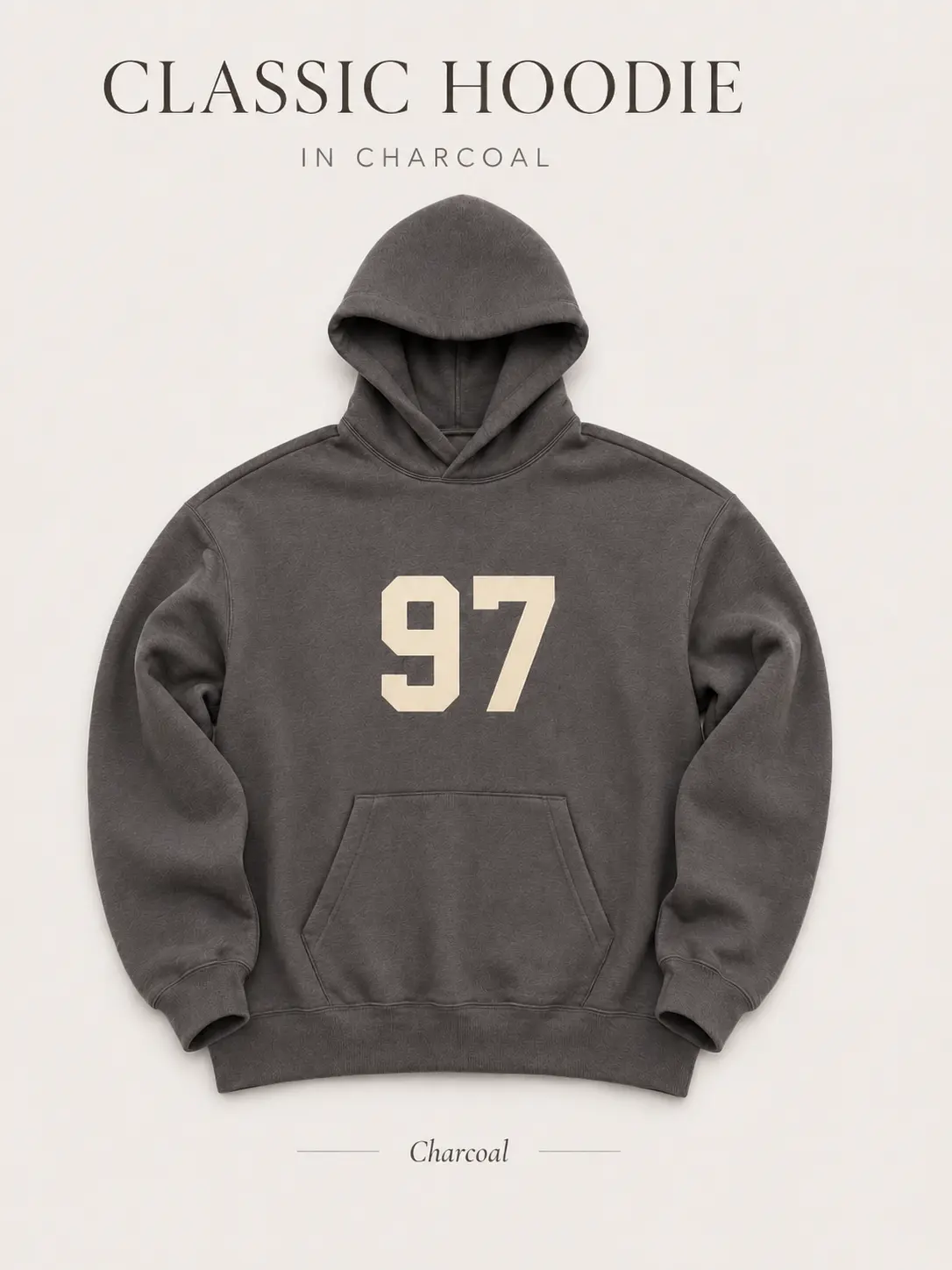 Men’s Loose Fit 97 Graphic Hoodie, Charcoal Pullover Sweatshirt with Double-Layer Hood, Kangaroo Pocket & Ribbed Cuffs, Casual Streetwear Hoodie