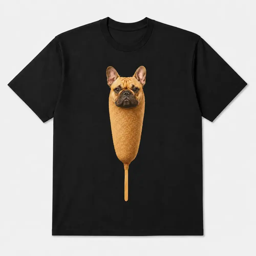 French Bulldog Corn Dog Graphic Sports Top, 200G Pure Cotton Funny Dog Lover Foodie Tee, Multi-Size Cute Frenchie Shirt for Men-Women, Black/White Packaging Priority