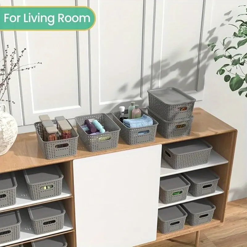 6pcs Stackable Plastic Storage Bins with Lids - Durable Gray Organizer Baskets, Home Organizers for Home, Office, and Classroom - Multi-Purpose Shelf Bins, 10.2x7.2x4.1 Inches, Home Organization| Sleek Storage Solution| Stackable Bins