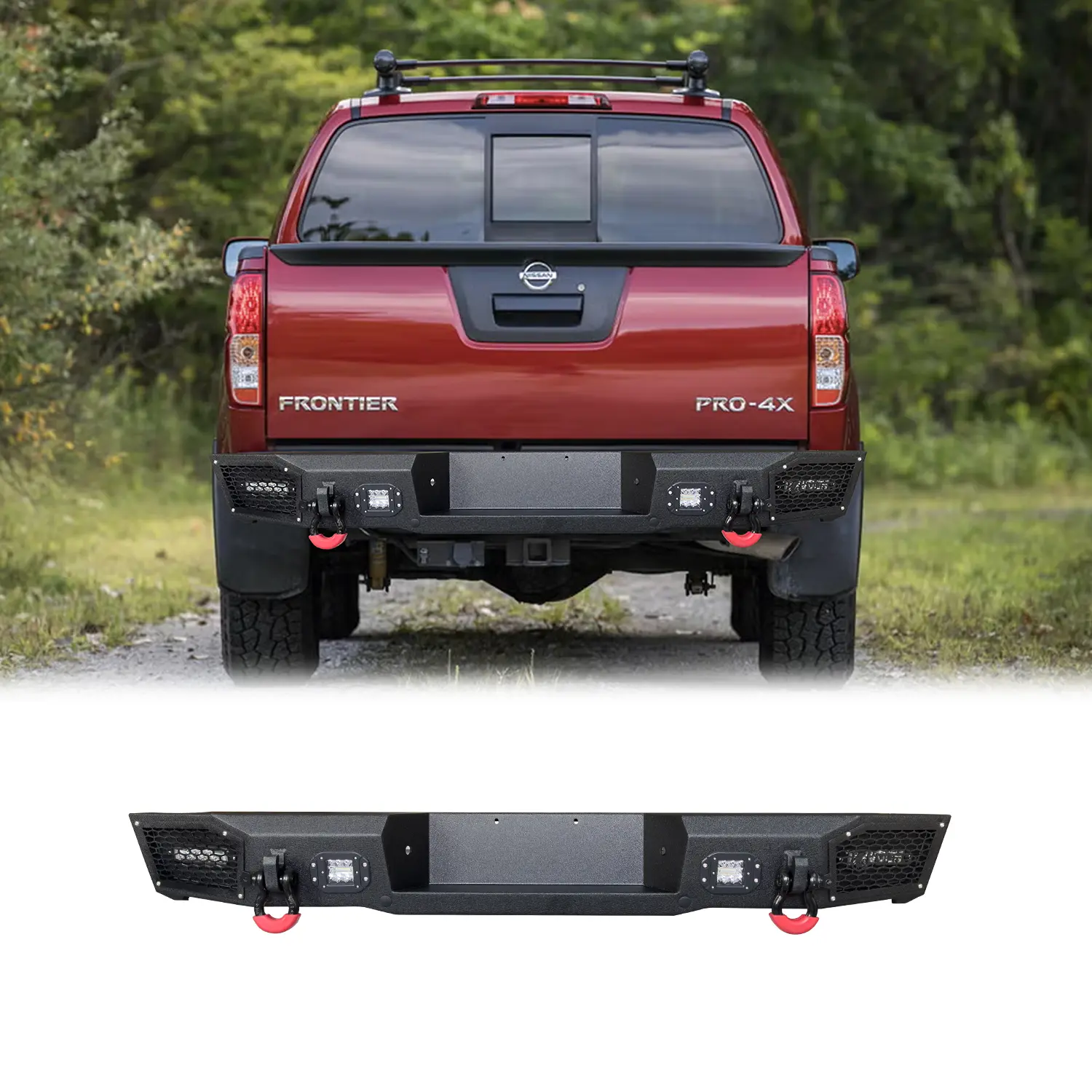 Vijay Upgrade Rugged Steel Rear Bumper - Black Texture, Winch Plate Ready, 2 LED Visibility Lights, 2 Off-Road D-Rings, Durable Metal Construction - Compatible with 2005-2022 Nissan Frontier, Simple Screw Installation