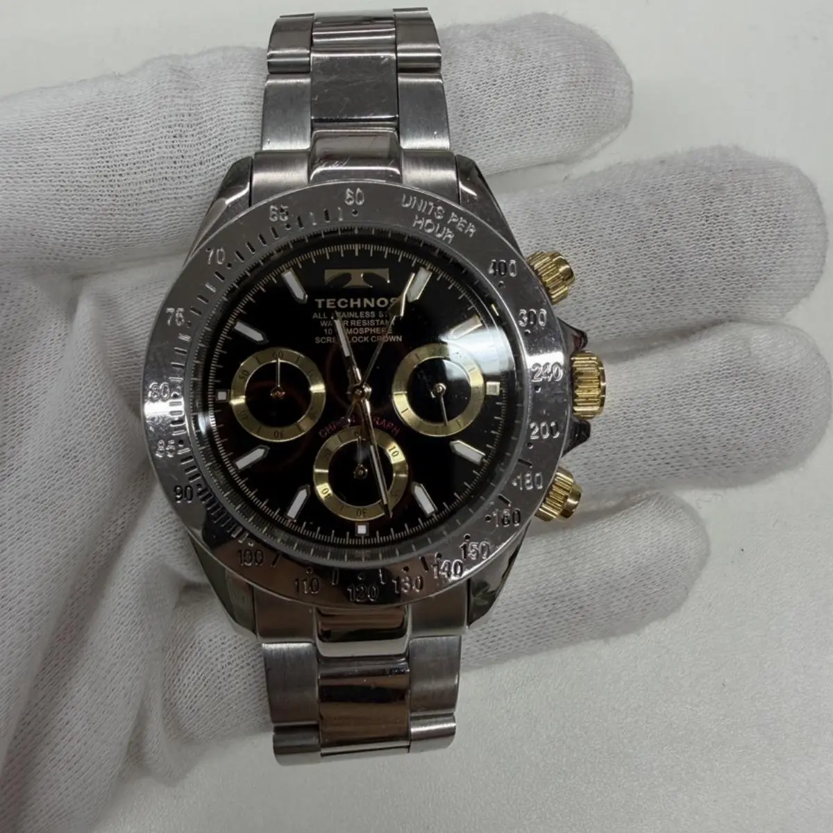 Pre-owned Other As Shown Shoulder Bags TECHNOS Chronograph Stainless Steel Black Dial Two Tone Quartz Watch 17.5cm 11394