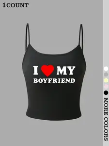 Valentine's Day Boyfriend Crop Top, Adjustable Spaghetti Strap, Graphic Print, Fitted Casual Style, Perfect for Date Night, All Seasons Wear