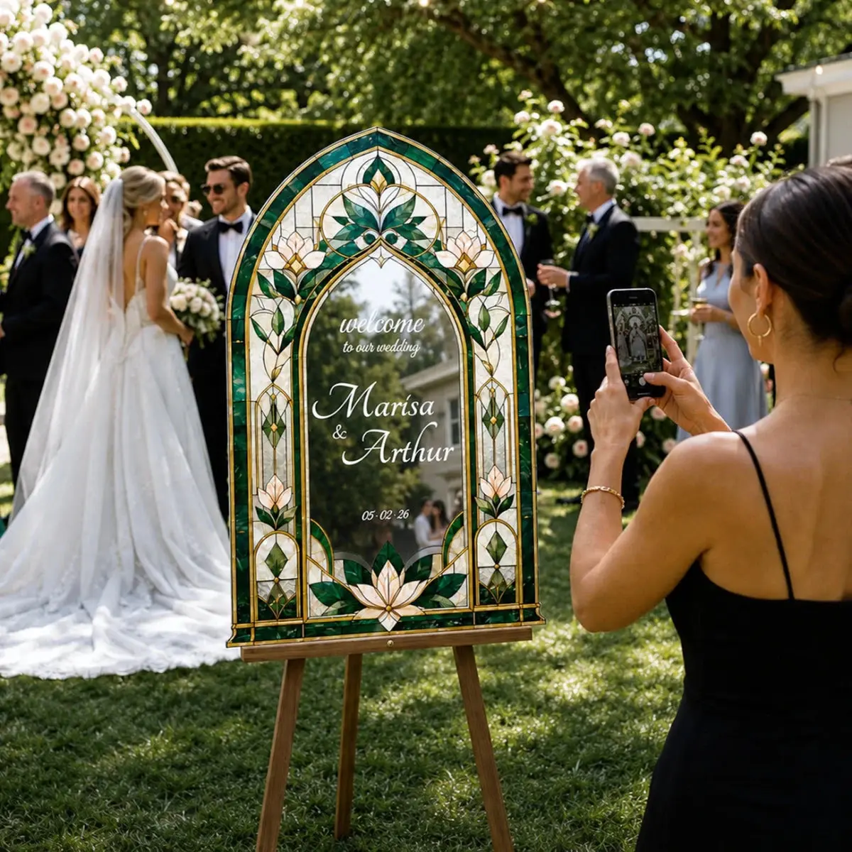 Emerald Green Stained Glass Arch Wedding Welcome Sign