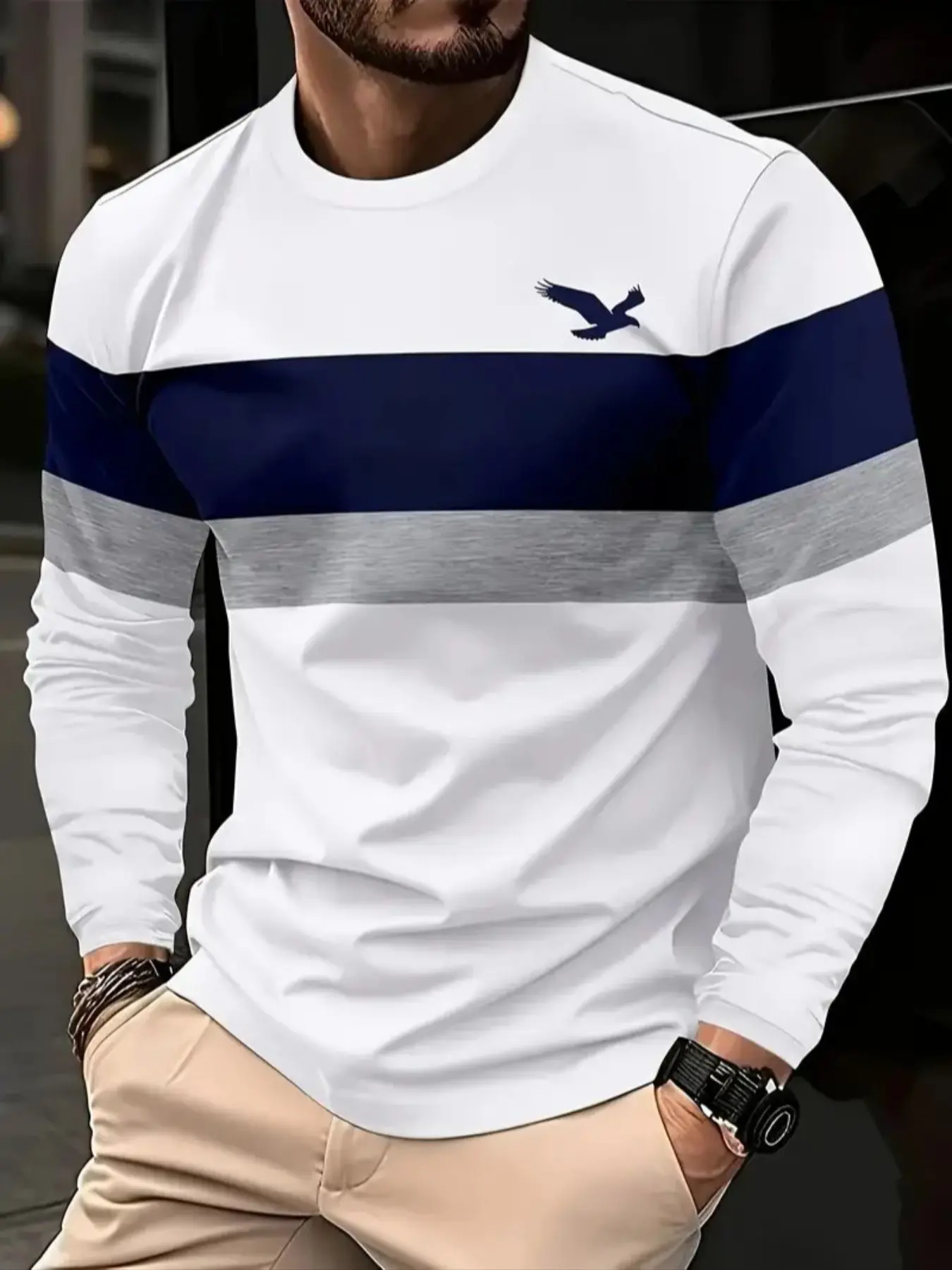 Men's Casual Eagle Print Long Sleeve T-Shirt, Soft Polyester Blend, Round Neck, Regular Fit, Fall & Winter Outdoor Wear