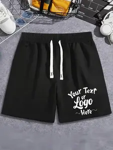 Men's Custom Logo/Text Casual Shorts - Personalized Print Black Drawstring Shorts, Customizable Streetwear for Business, Events & Gifting, Soft Breathable Loose Fit Shorts, Ideal for Summer, Sports & Everyday Wear, Durable Fade Resistant Fabric with Pocke