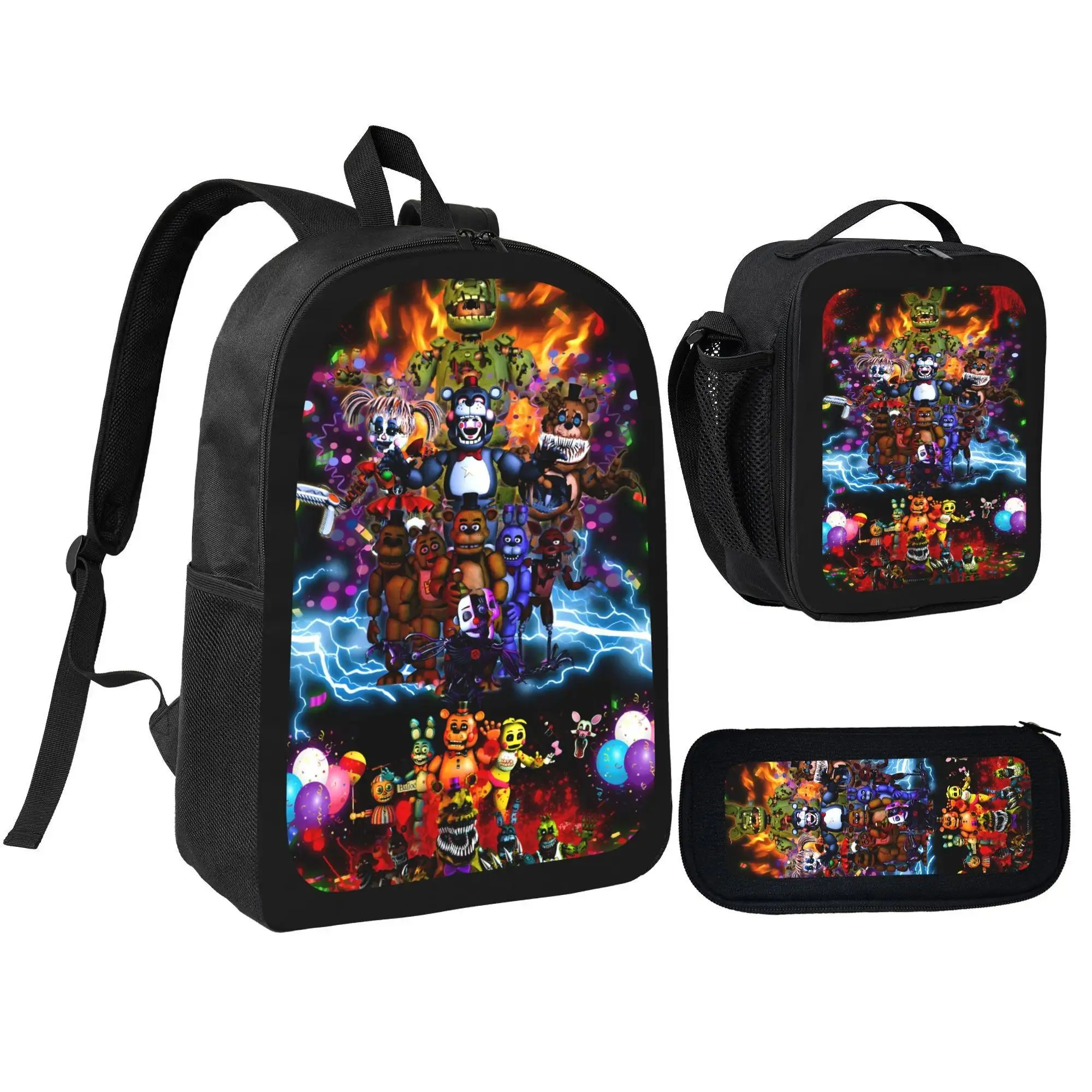 5 Nights At Freddy's Horror Game Premium 3-Piece Backpack Set - Youth Backpack, Student Class Use, Versatile Design with Cartoon Print, Lunch Box & Pencil Case, Unisex Gifts for Kids (Incl. Unisex Names)