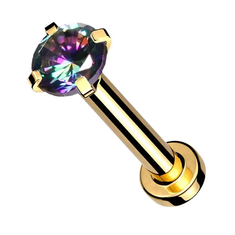 Gold PVD Internally Threaded Black Aurora CZ Prong Mini Disc Labret