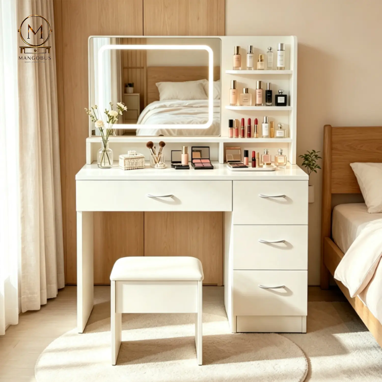 Women's Stylish Compact European White Vanity Table with LED Lights Mirror - Glass Top, 3-Mode Adjustable Mirror, Drawers, Shelf, Makeup Organization for Bedroom Bathroom Indoor Furniture