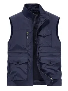 Men's Solid Zip Up Pocket Sports Vest Jacket Gilet, Regular Fit Casual Stand Collar Sleeveless Outerwear for Outdoor Activities, Men's Sportswear Clothing for Fall & Winter