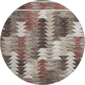 HomeRoots 665696 8 ft. Chocolate, Ivory & Rust Southwestern Washable Round Area Rug with UV Protection, Rust Area Rugs