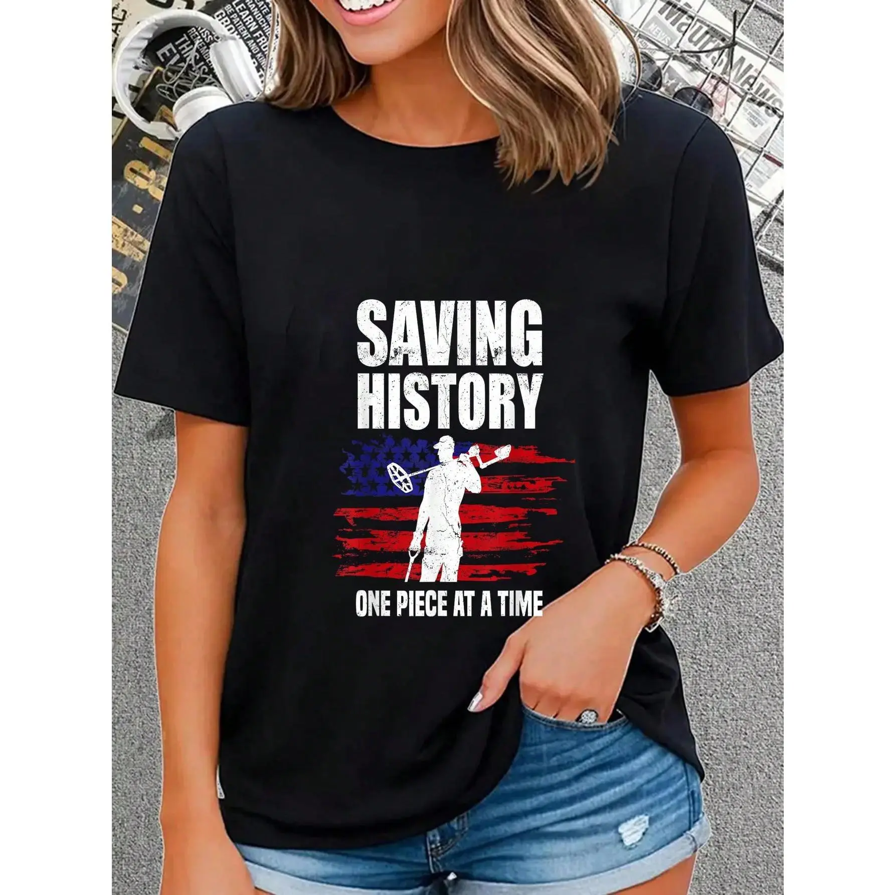 100% Cotton Saving History American Flag USA Funny Metal Detecting T-Shirt
