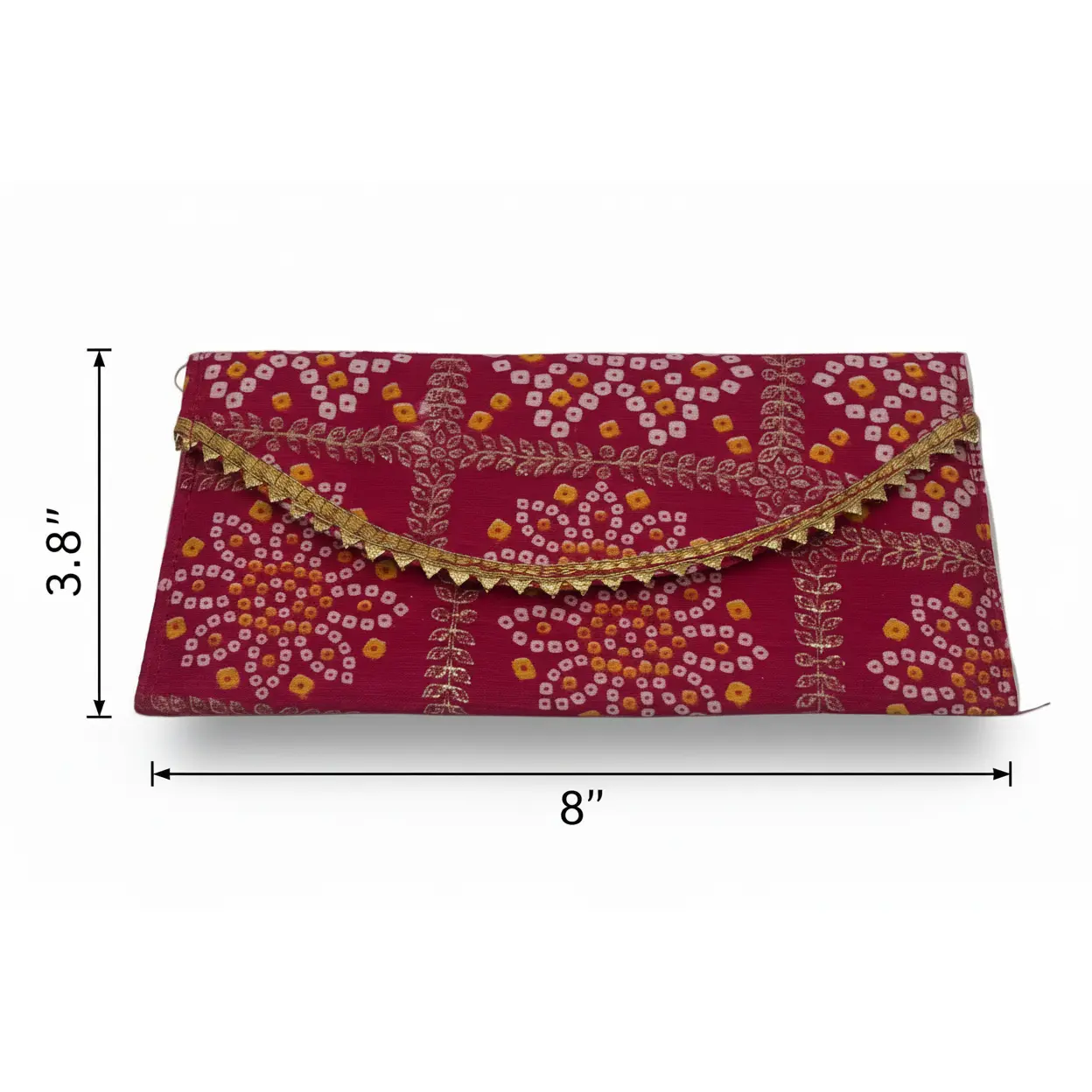 Bandhani Envelope Clutch with Golden Lace Trim - Traditional Tie-Dye Purse