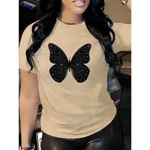 100% cotton elegant women's vintage pure cotton short-sleeve T-shirt with black background and sparkling star butterfly pattern print. Simple, creative, and exquisite top. Fashionable and trendy, soft and comfortable, lightweight and breathable,summervibe