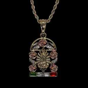 14k Gold Plated Diamond Cut Virgin Mary Necklace with roses - Virgen María Necklace - Cadena Virgen María Oro Laminado con rosas