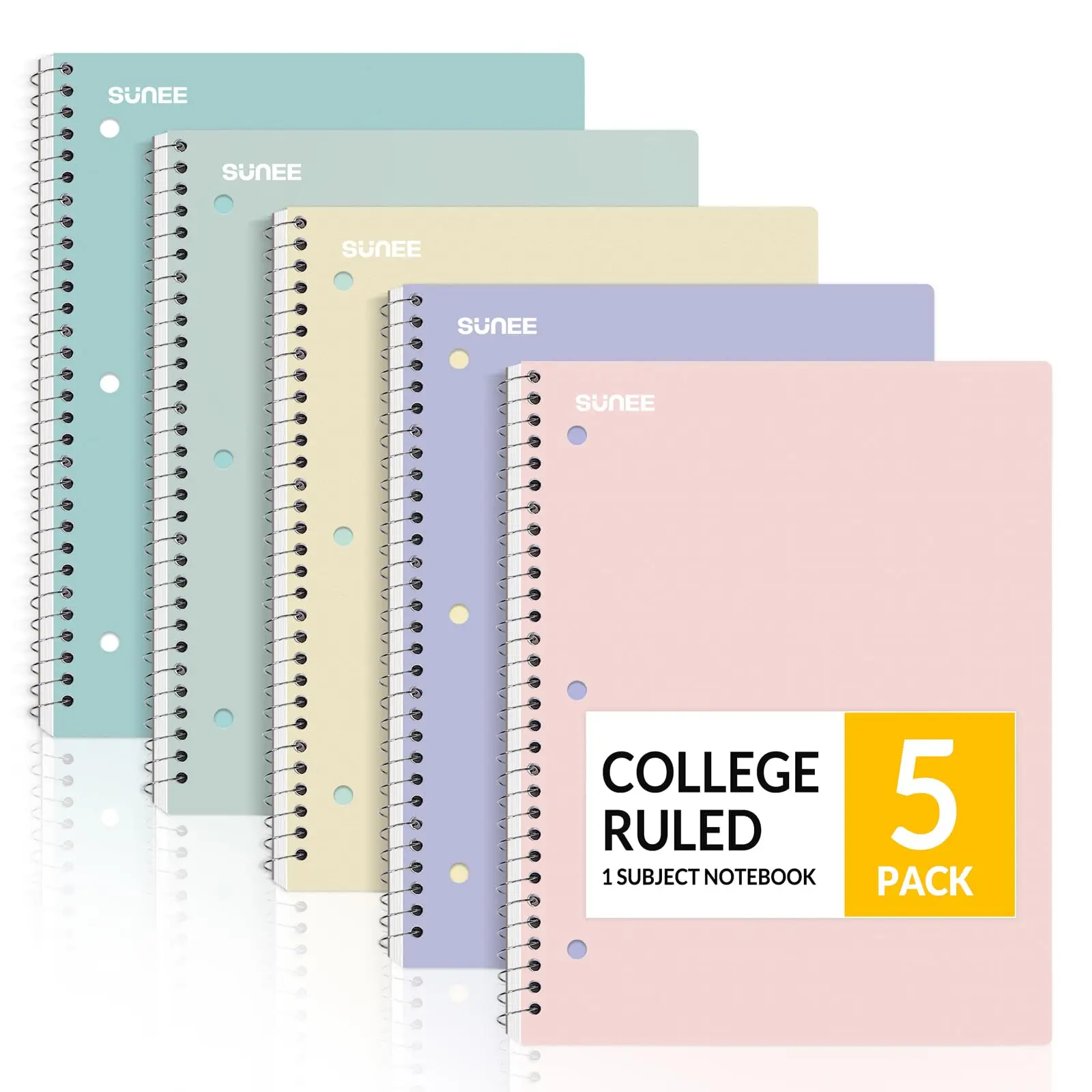 Spiral Notebooks 5 Pack 1 Subject College Ruled 70 Sheets 3 Hole Punched for School Work