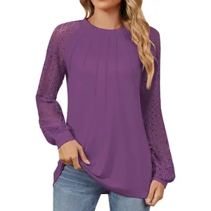 Womens Tee Autumn 2024 Lantern Sleeve Lace Spliced Design Top Round Neck Long-Sleeved T-Shirt Style Pullover Peach
