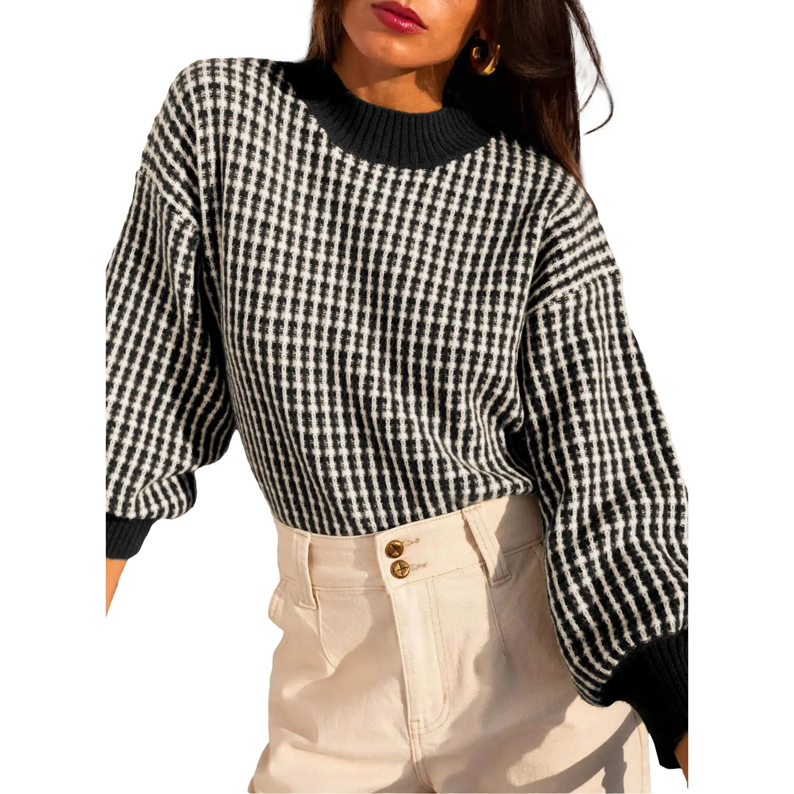 EVALESS Women's Plaid Soft Blend Knit Sweater, High Stretch Casual Long Sleeve Crew Neck Loose Fit Balloon Sleeve Pullover Tops, Knitwear, Ribbed Cuffs