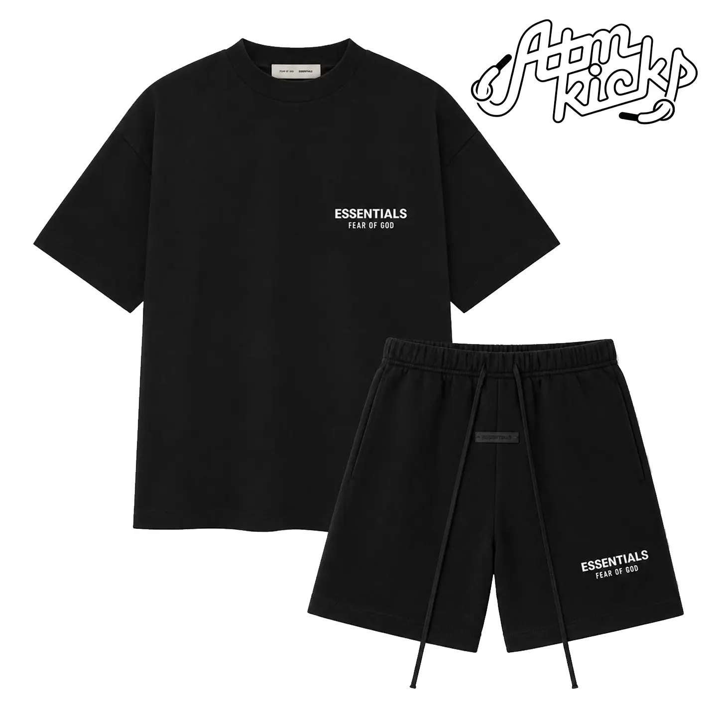 (Tee and Shorts) Fear of God Essentials T-shirt & Shorts Set Stretch Jet Black OVER SIZE Casual Wear Comfortable Fit Simple Design Versatile Everyday Wear Menswear Tops Crewneck ShortSleeve Light