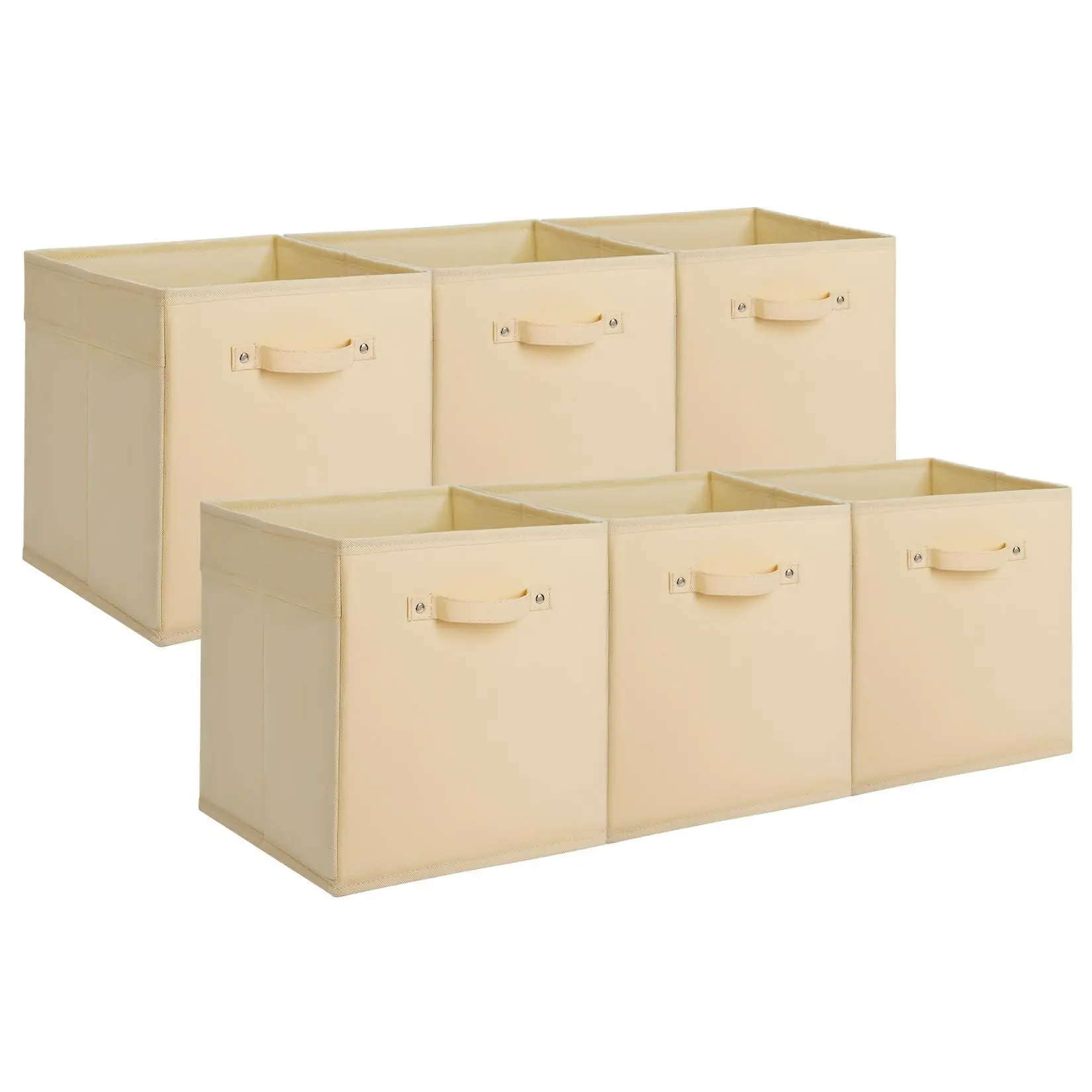 6-Pack 11 Inch Fabric Storage Bins with Faux Leather Handles, Foldable Cube Organizer Baskets for Shelves and Closet, Collapsible Storage Boxes for Clothes Toys, Beige