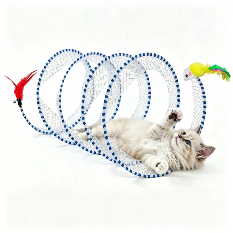 Tunnel Cat Toy, Cat Self Play Spiral Kitten Collapsible Spring Tunnel Toy for Indoor Cats with Feather and Bell, 20 Inches Unfolded,2 Color Options Available #SummerVibes #petlovers