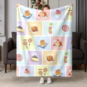 1pc Dessert Print Flannel Blanket, Cake Waffle Donut Macaron Prints, Festival Gift, Wall Hanging, Sofa Bed Throw, Travel Multi-Purpose Blanket