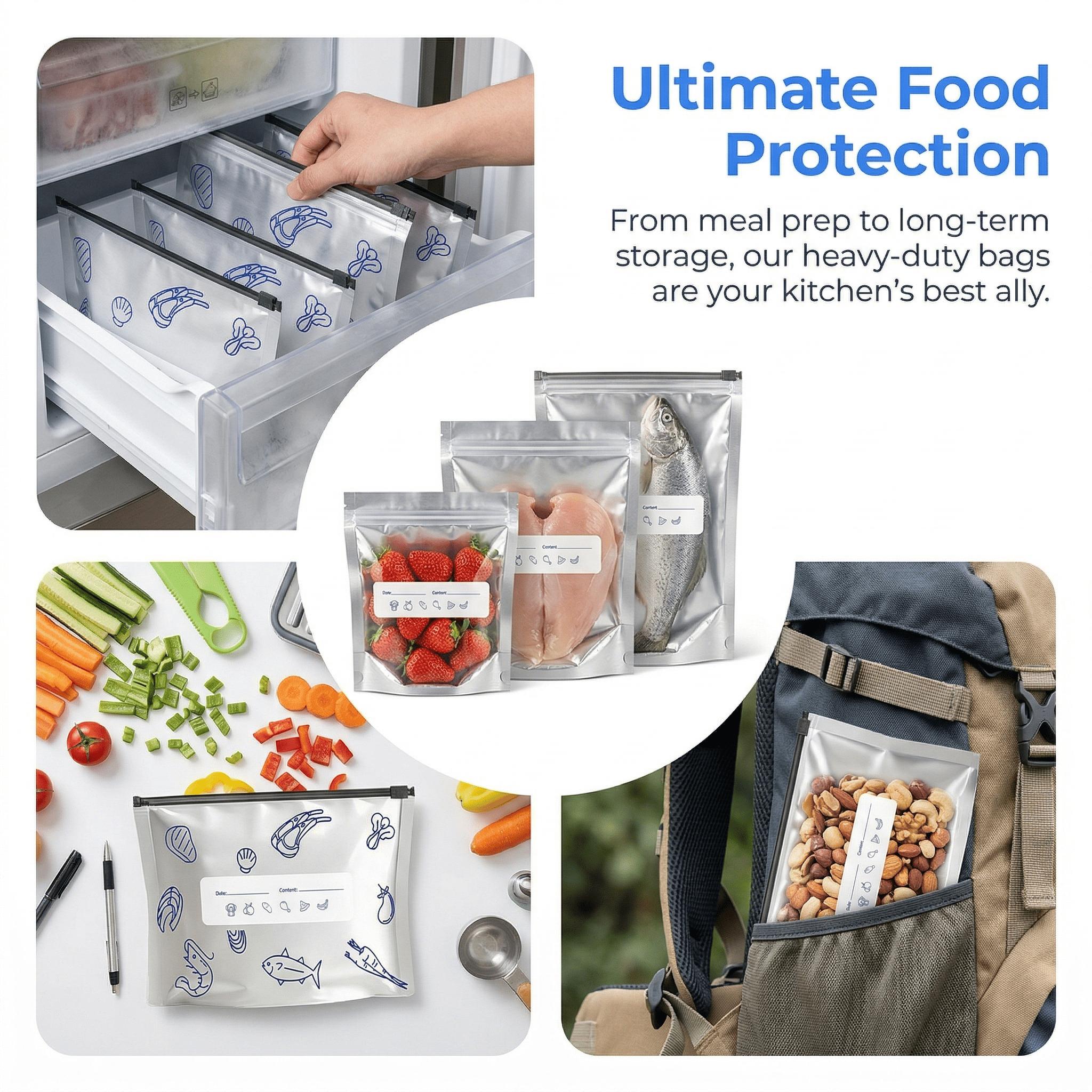 Reusable Aluminum Foil Freezer Bags, Food Grade Leakproof Ziplock Food Storage Bags with Label Area, BPA Free Heavy Duty Freezer Safe Bags for Meat Seafood Vegetable Meal Prep Refrigerator Organization