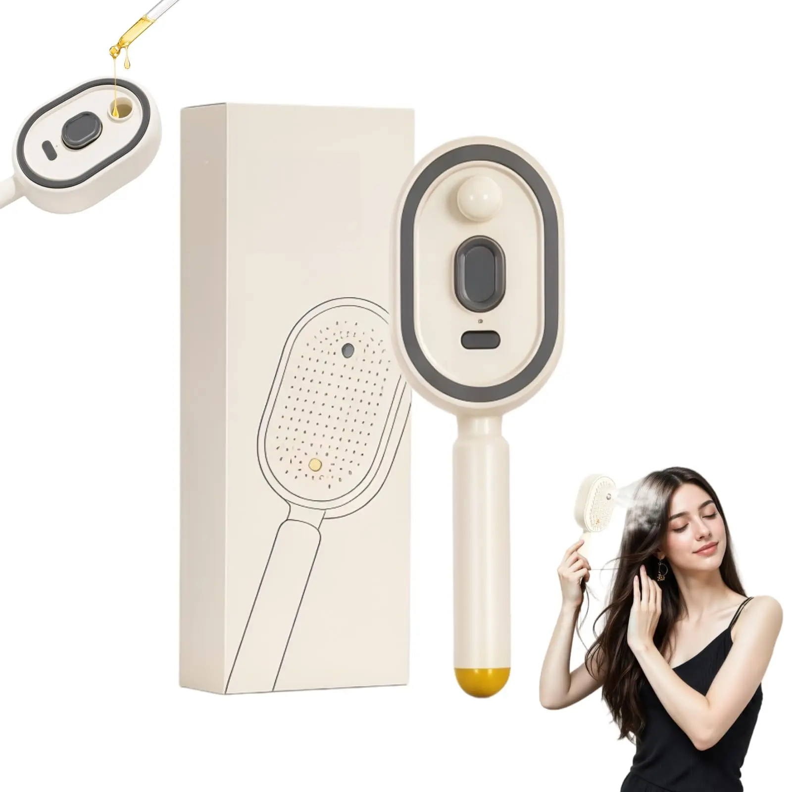 3-in-1 Electric Hair Brush with Mist & Scalp Massage – Detangles, Hydrates, and Reduces Frizz – USB-C Rechargeable, Self-Cleaning, Travel Friendly (Beige)