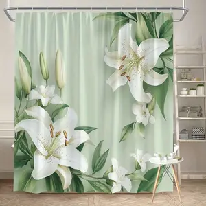 Elegant Floral Shower Curtain - Light Blue Background With Cream Roses And Green Leaves, Including Hooks For Bathroom Decor, Bathroom Essentials, New Years Decorations, Home Décor