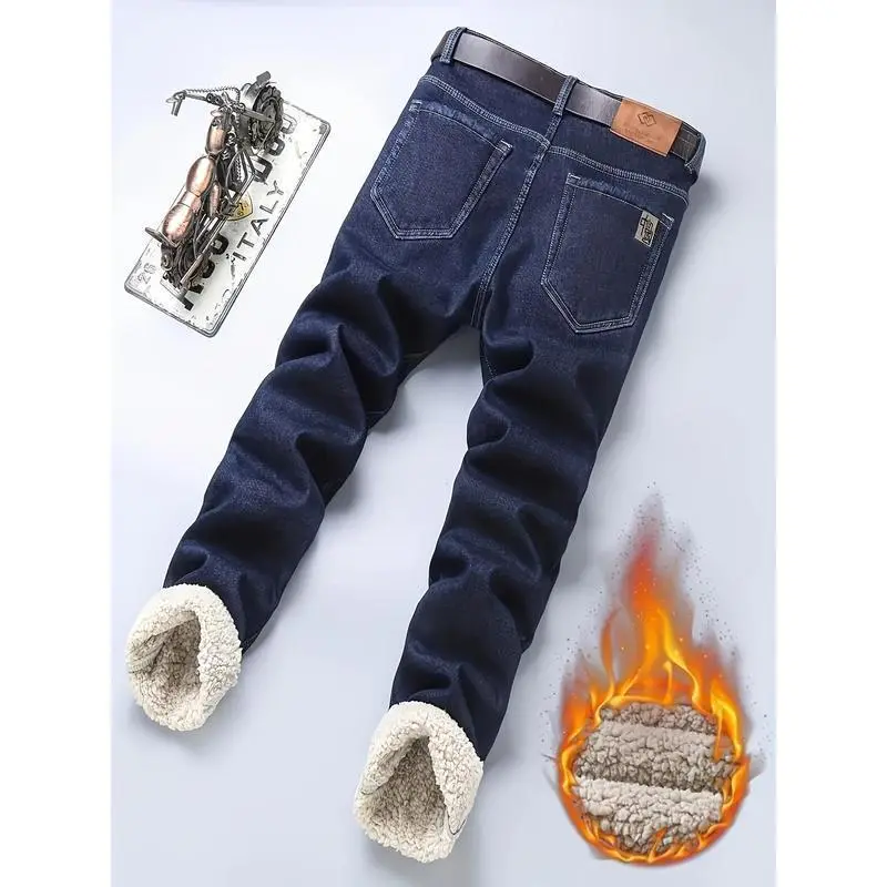 Men's Heavy-Duty Fleece-Lined Winter Jeans - Thermal Insulated Pants for Cold Weather, Dark Blue, Cotton Blend Denim, Business Casual Office & Casual Attire - Hand Wash Only, Cold Weather Apparel Men's Heavy-Duty Fleece-Lined Winter Jeans - Thermal Insulated Pants for Cold Weather, Dark Blue, Cotton Blend Denim, Business Casual Office & Casual Attire - Hand Wash Only, Cold Weather Apparel