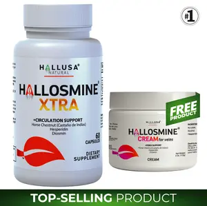 HALLOSMINE XTRA x 60 Capsules + FREE HALLOSMINE CREAM – Vein & Circulation Support with Diosmin, Horse Chestnut & Hesperidin – Hallusa Natural