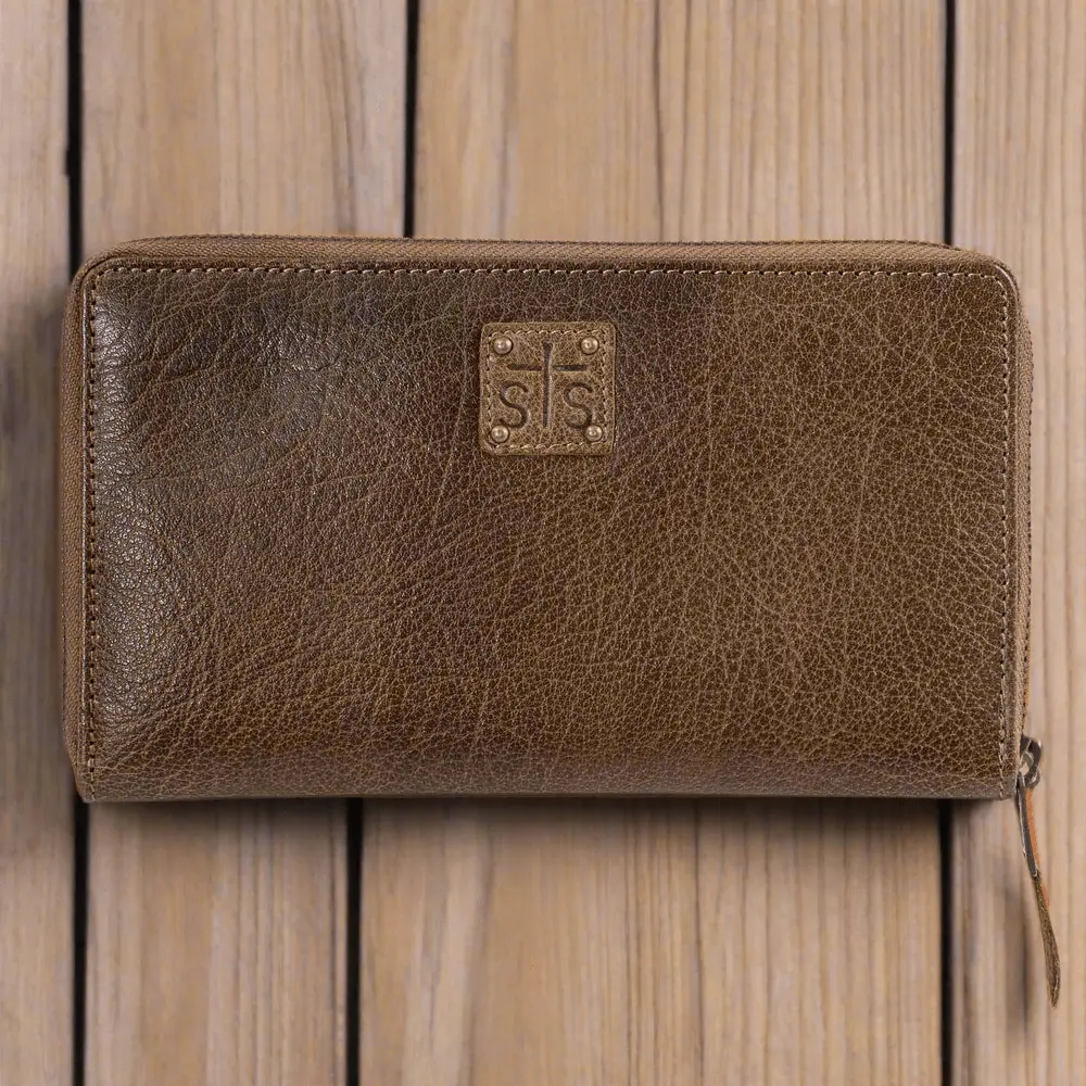 Women's Boho Cowgirl Juniper Wallet, Tooled Full Grain Buffalo Leather, Fringe Accents, Zip-Around Closure, Luggage & Bags Accessory, Raw Texture