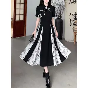 Chinese Style Short Sleeve Dress Elegant Patchwork Floral Chinese Improved Cheongsam Skin-friendly Breathable Women's Long Dress Casual Womenswear Clothes Traditional Black Aesthetics Fabric Prints White Shortsleeve