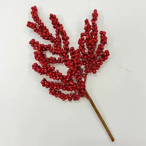 Red Glitter Cluster Berry Faux Holiday Christmas Stem Pick- 17"
