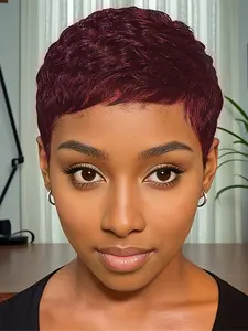 short burgundy  natural black color straight layered pixie wig 150% Denisty pixie cut human hair wigs for women daily party cosplay use wig machine made