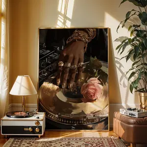 Luxury DJ Turntable Poster, Golden Vinyl Record Wall Art with Rose, Elegant Urban Decor for Music Lovers, Studios & Modern Homes