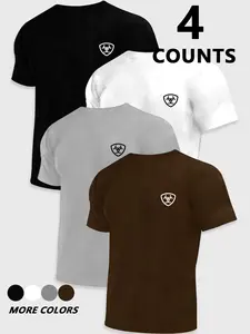 4-Pack Basic Solid Color T-Shirts, Home & Wear, Casual Western Style Print, Unisex Four-Color Set, All Seasons, Classic